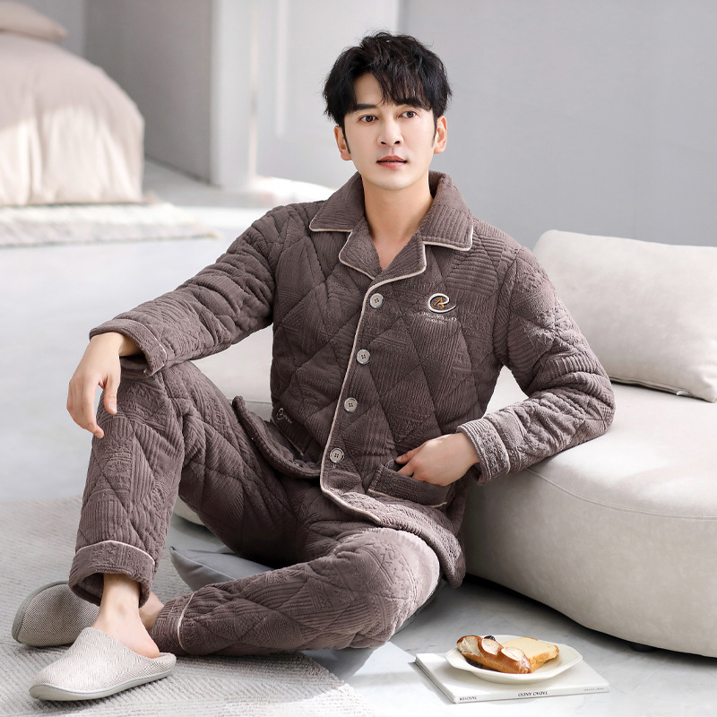 Coral fleece winter pajamas men's three-layer thickened warm lapel long sleeve quilted plus size men's homewear pajamas
