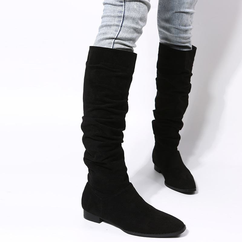 Damenschuhe Große Größe Mittellange Damen Lederstiefel Herbst und Winter Neue flache Sohle Spitzschuh Mode_voghion.com