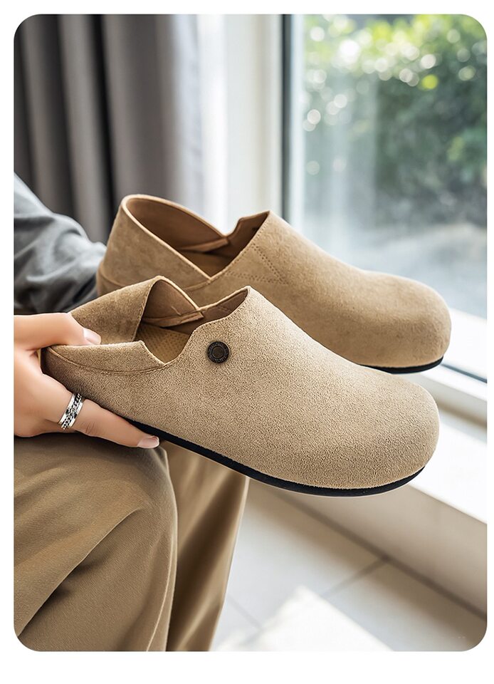 Giày lười nam bít mũi da lộn kiểu mule mũi tròn, gót vừa 3–5 cm, hai kiểu mang có thể kéo gót — Y6761 màu be, Y6761 màu kaki, Y6761 màu nâu cà phê chi tiết 14