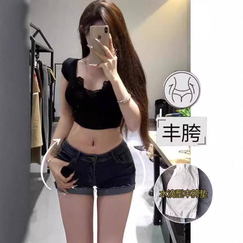 Dark Blue Low-Waist Curled Elastic Denim Shorts for Women 2025 Summer New Sexy Slimming Look Butt-Covering Shorts