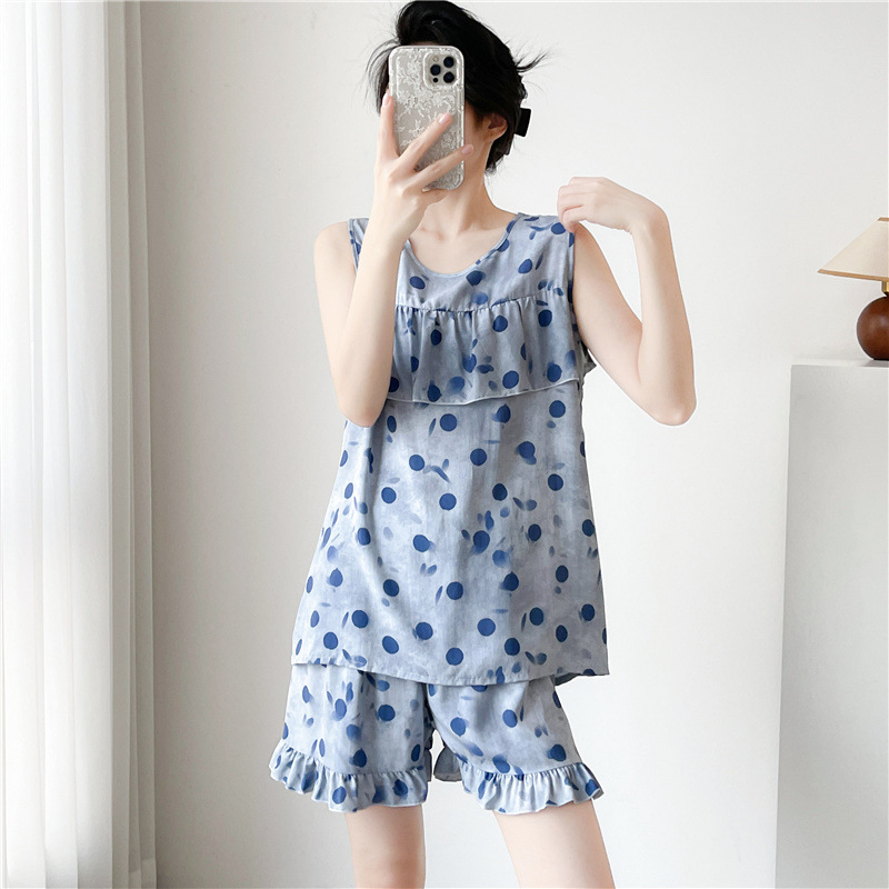 Anti-Bump Pajamas for Women, Summer Ultra-Thin Cotton Silk Summer Vest Shorts, Sleeveless Suit, Cool Cotton Silk Home Clothes