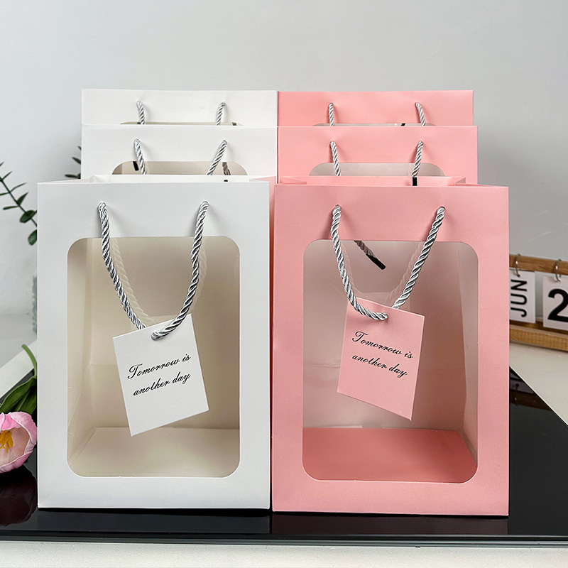 En stock bolso de ventana transparente al por mayor bolso de papel de cartón blanco bolso de embalaje de flores de San Valentín