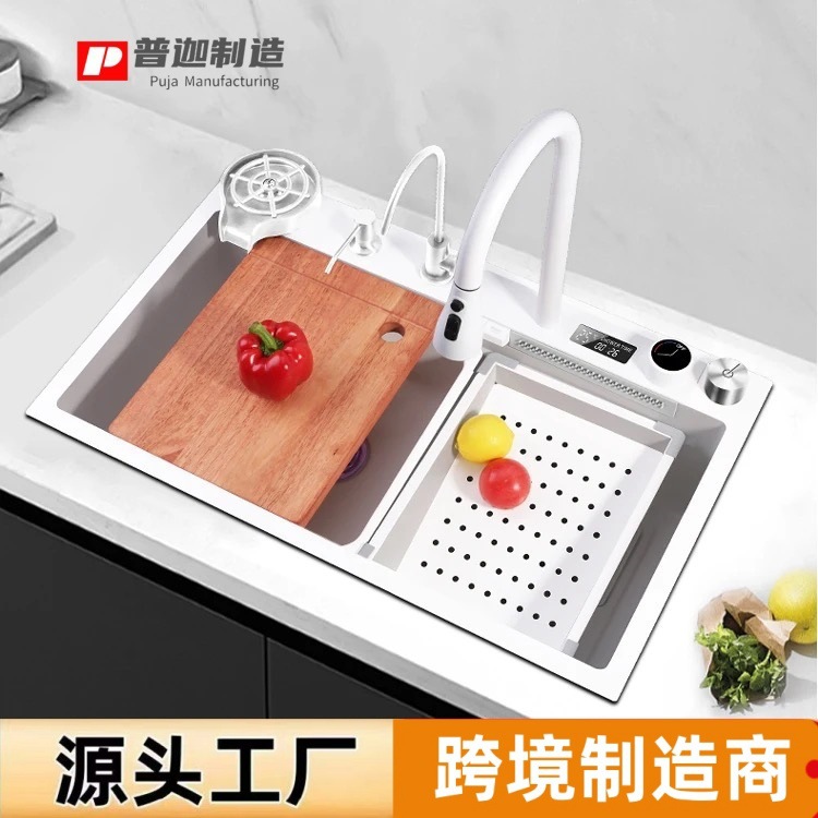Cocina de lluvia volante cascada fregadero gran fregadero de un solo tanque grueso 304 acero inoxidable lavabo de platos fregadero doméstico
