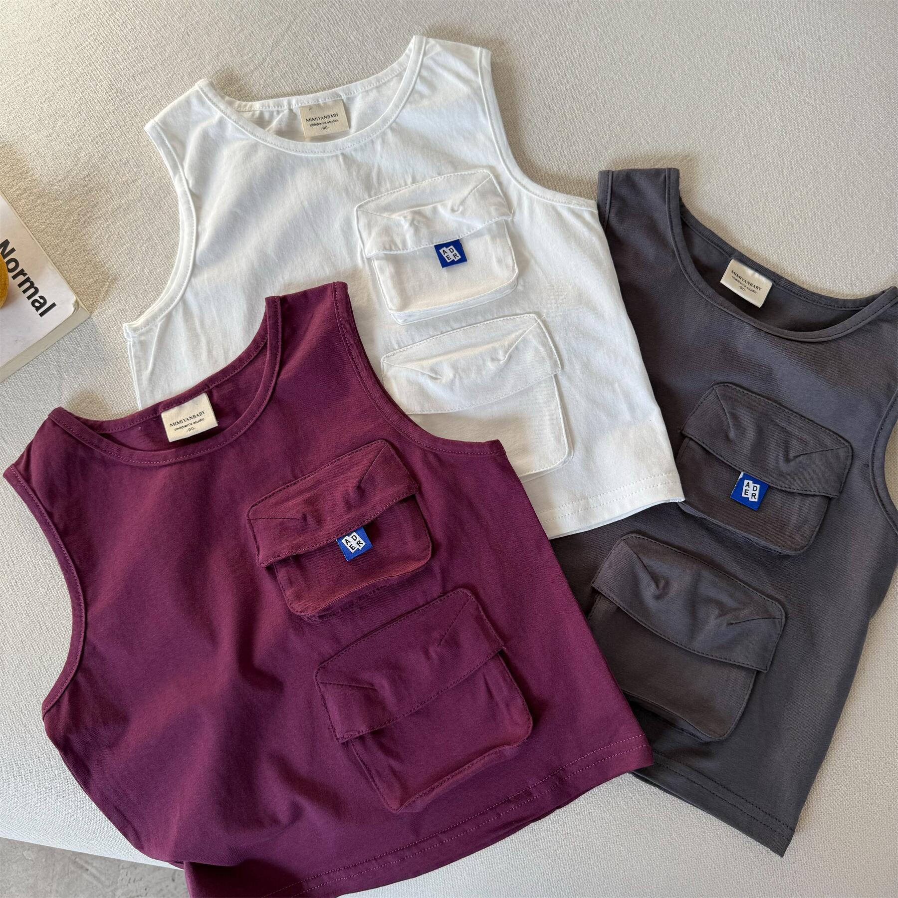 Chaleco de limón salado para siete niños 25 verano niños y niñas bolsillo japonés herramientas sin mangas T bebé para niños camiseta de algodón de estilo occidental