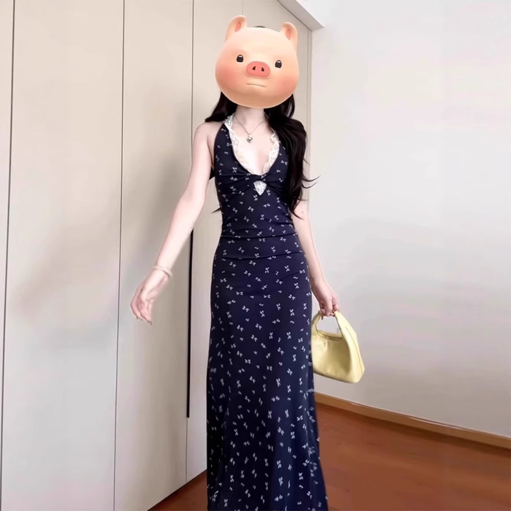 Summer 2025 New Floral French Halter Neck Strap Navy Blue Dress for Women, Waist-Cinching, Slimming, Elegant Long Dress
