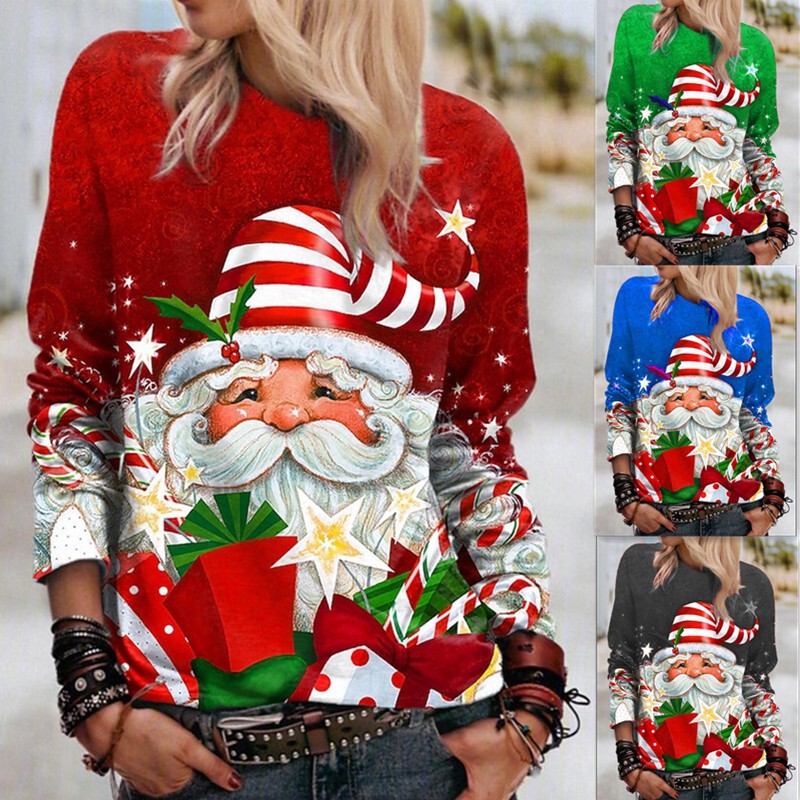 Spot Amazon wish European and American women's new top loose round neck Christmas printing long sleeve guard
