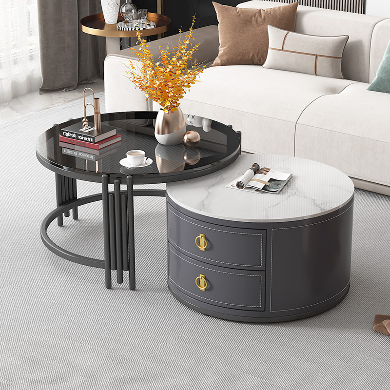 Mesa de centro moderna de lujo ligero de celebridades de Internet, balcón de la sala de estar nórdica, mesa de té de vidrio redonda, mesa de centro de pizarra de tamaño pequeño para el hogar