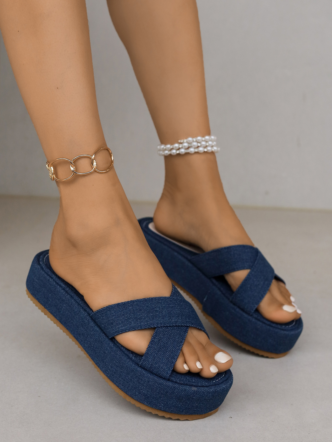 Platform Denim Cross Strap Sandals Open Toe Summer Slippers_voghion.com