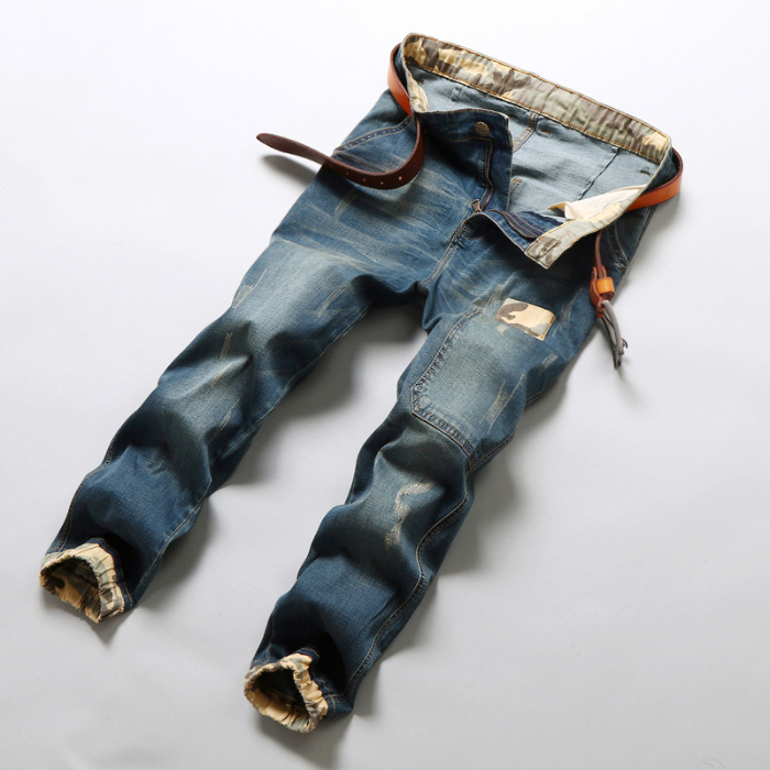 Herren-Jeans im koreanischen Patchwork-Stil mit Rissen, Übergröße, mittelhoch geschnitten, schmal geschnitten_voghion.com