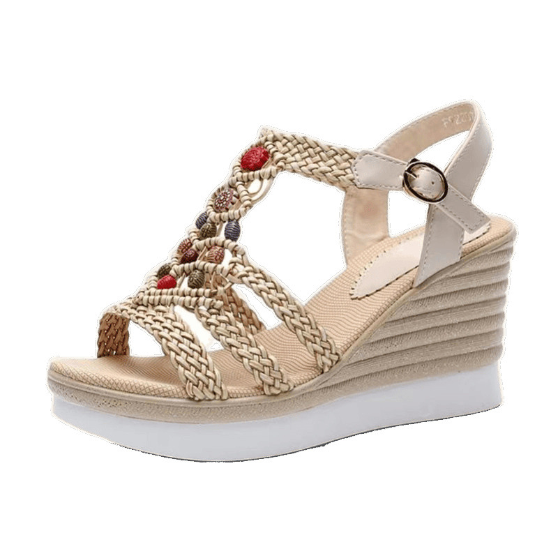 2024 New Summer Style Ethnic Style Wedge Sandals for Women, Thick-Soled Travel Sandals, Heightening Wave High Heels, Versatile