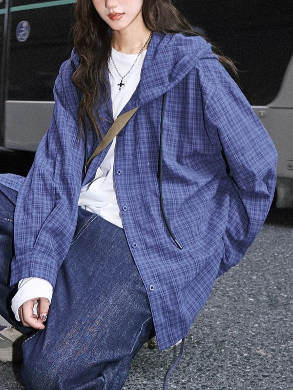 韩系连帽格子衬衫女2025夏季新款蓝色衬衣宽松慵懒风防晒长袖上衣|undefined