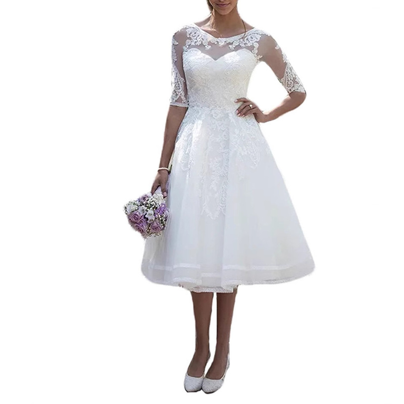 Mid-Length Sleeve Wedding Dress 2025 New U-Neck Lace Slim Lace Slim Fashion Bridal Mid-Length Wedding Dress