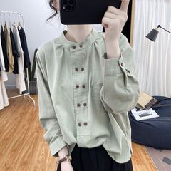 纯棉春装设计感双排扣小立领长袖衬衫上衣女2025新款打底衬衣外套