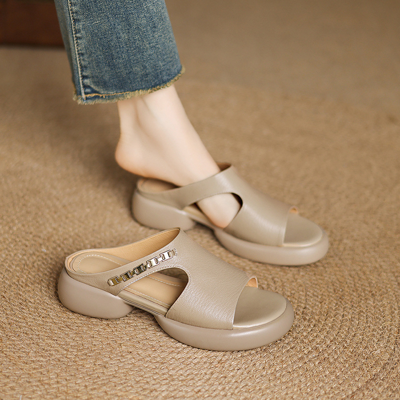Dép sandal nữ da cừu miệng cá đế dày gót cao nhẹ — đen