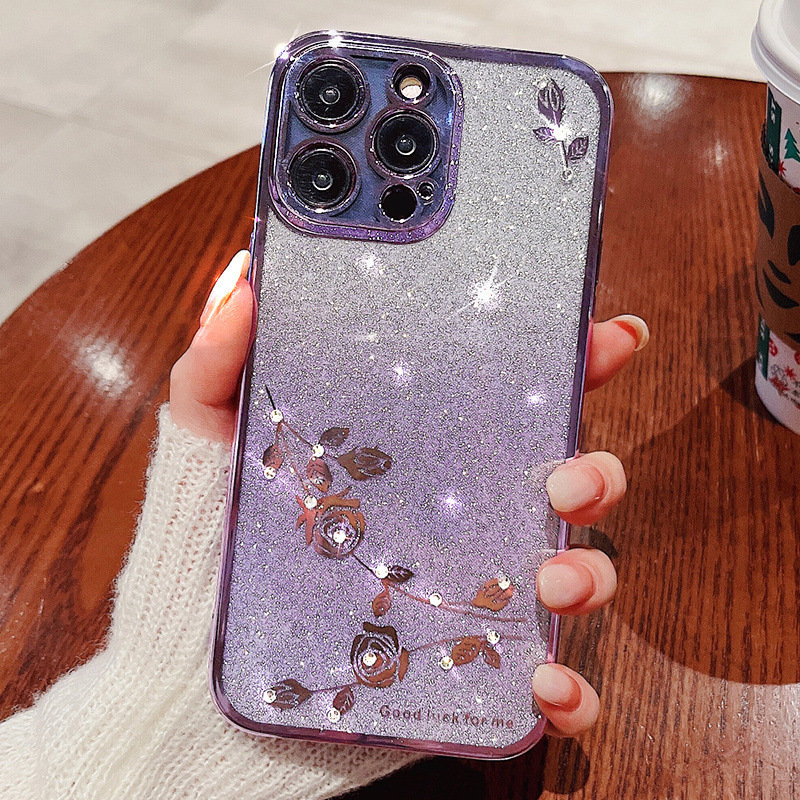 Aplicable a iPhone17Pro caso de teléfono móvil gradiente polvo de brillo de diamante de manzana 16 galvanizado inmortalidad flor de caída funda suave