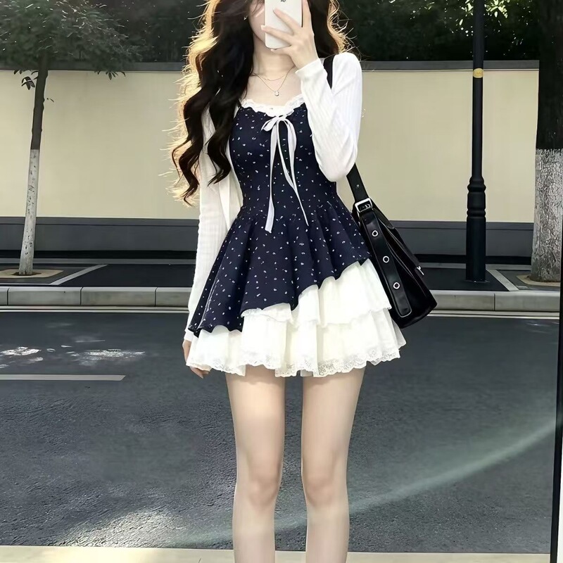 Korean Style Spring and Summer New Style Gentle and Sweet Cardigan Top for Women with Lace Splicing Floral Suspender Dress Two-Piece Set Korean Style Spring and Summer New Style Gentle and Sweet Cardigan Top for Women with Lace Splicing Floral Suspender Dress Two-Piece Set