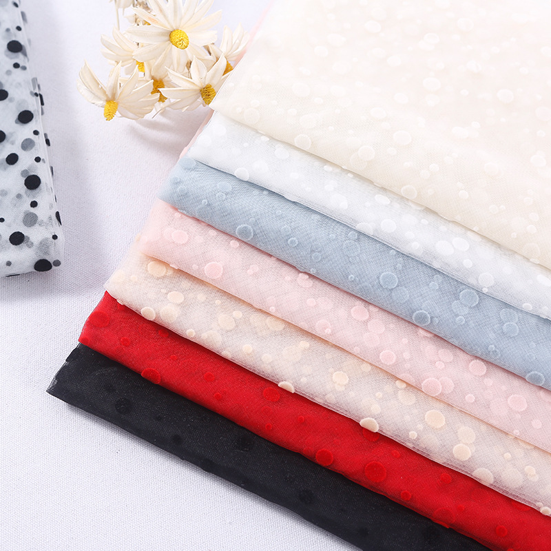 现货 大中小点子植绒小清新全锦纶针织网纱面料 童装舞台服装布料