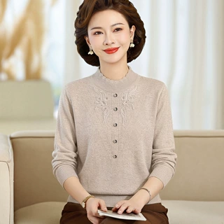 【100%纯羊毛】妈妈毛衣打底衫针织羊毛衫上衣中老年女装厚款秋冬