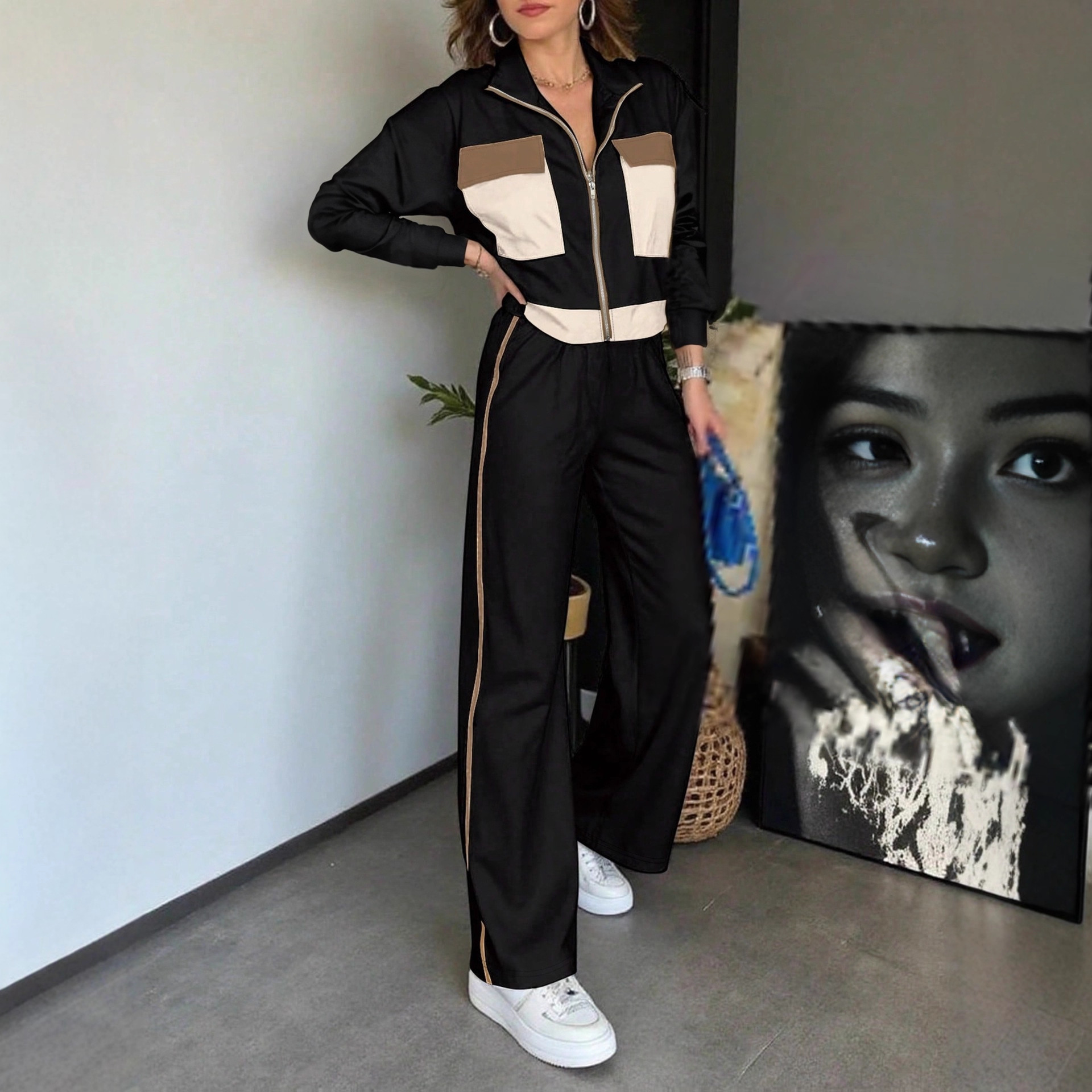 Women's Color Block Two Piece Set Long Sleeved Top Elastic Waist Straight Leg Trousers_ecoleips.com