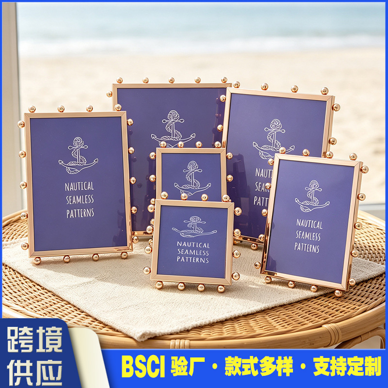 European and American light luxury high-end minimalist small round bead metal photo frame tabletop home decoration ornament, direct from the factory