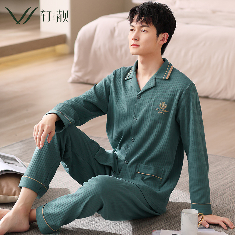 Pijamas de los hombres de primavera y otoño 100% algodón de manga larga más tamaño de los hombres sueltos de ropa para el hogar de otoño e invierno cardigan traje