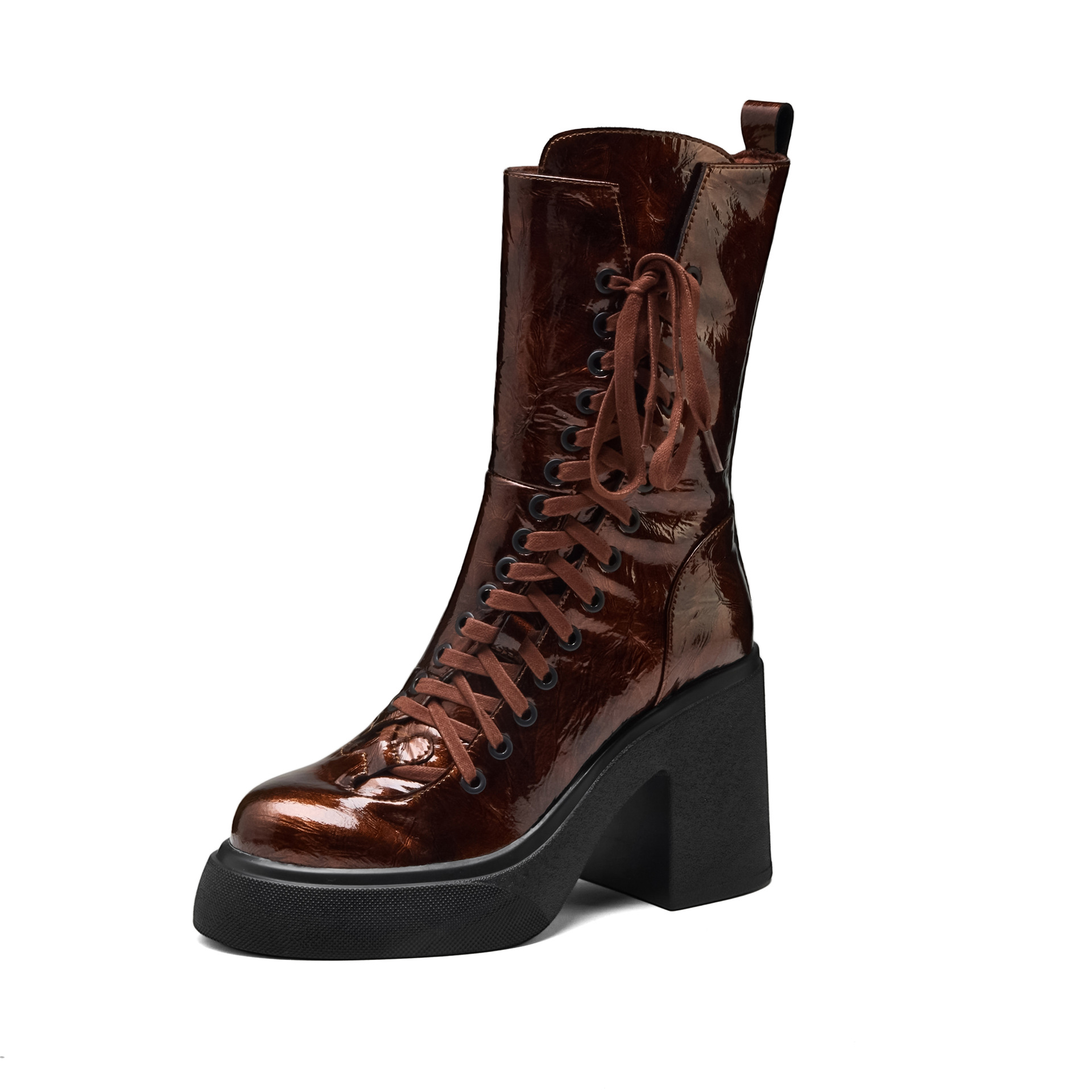 Boot nữ cổ ngắn đế dày 10 cm dây buộc mũi tròn khóa kéo bên — nhung đen