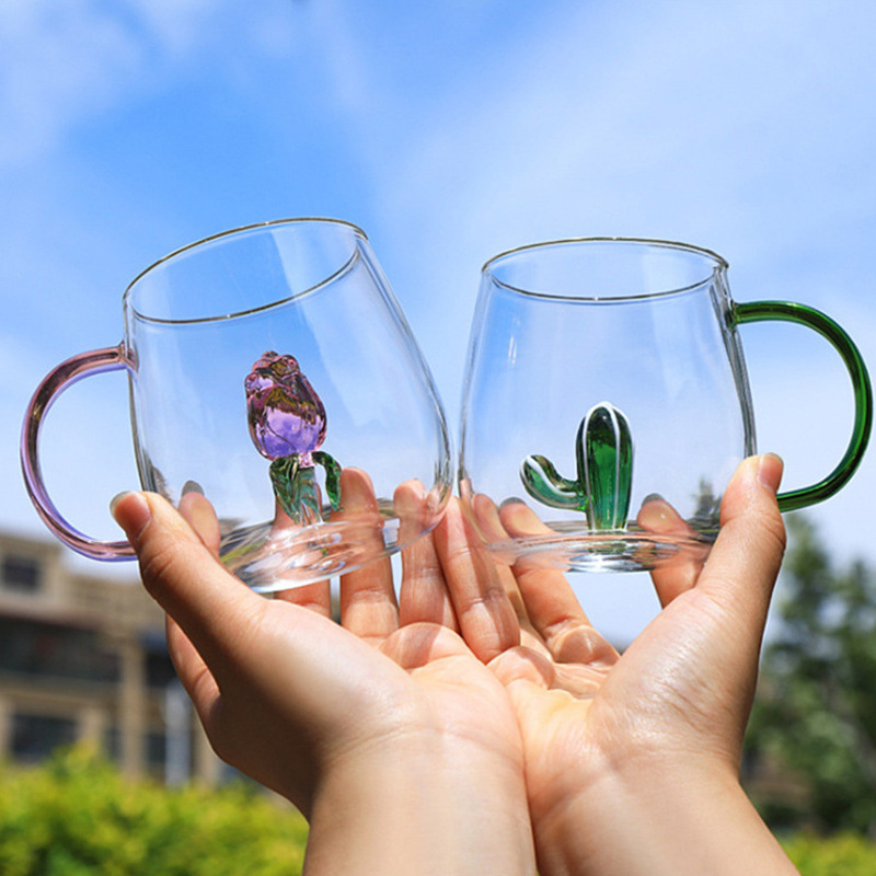 Jugo creativo leche vidrio de dibujos animados de vidrio transparente tridimensional animal y planta forma taza de agua de color de vidrio