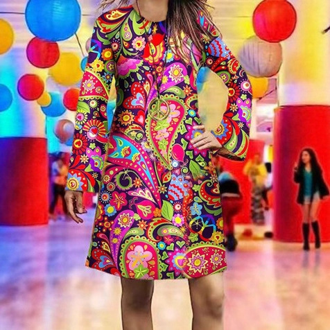 2025 European and American Cross-Border Amazon New Women's Clothing Hippie Clothing Halloween Retro Printed Women's Dress