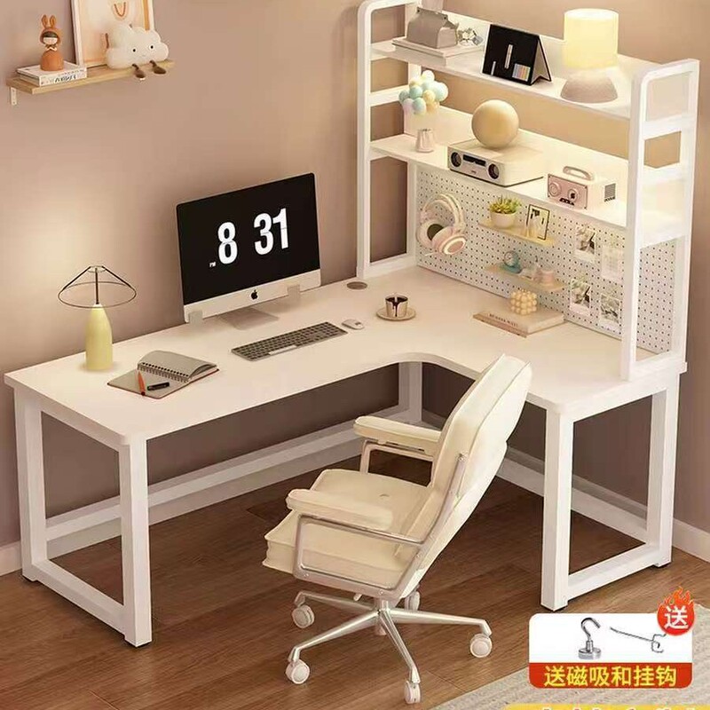 L-Shaped Solid Wood Desk with Integrated Pegboard Bookshelf, Home Bedroom Corner Computer Desk, Study Desk, Writing Desk