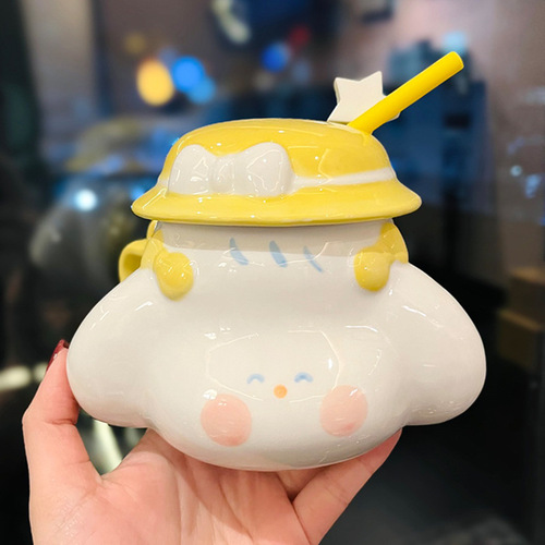 Cute Fufu Dog Ceramic Cup with Lid Spoon Couple Water Cup Soft Cute Healing Breakfast Mug with Straw 