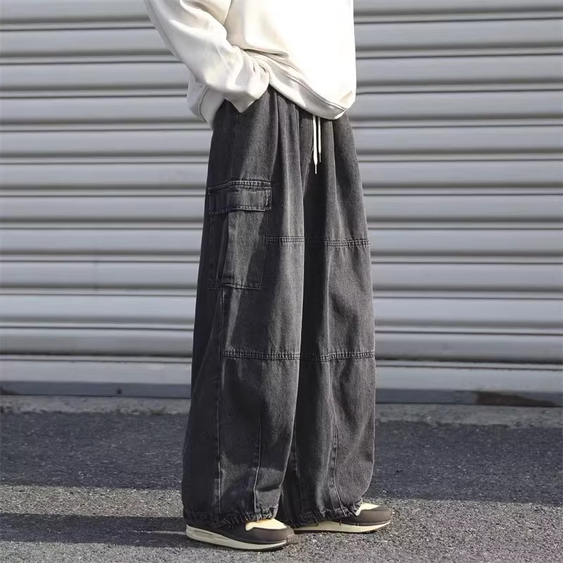 Lazy Vintage Tooling Wide-leg Jeans Men's Hong Kong Style Loose Oversize Big Pocket Retro Street Trousers_mkmklike.com