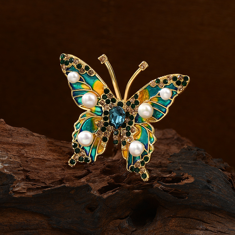 Oro real galvanizado nuevo broche de mariposa china esmalte pintado chaqueta cardigan pin de lujo flores pectoral de perlas de agua dulce image 5