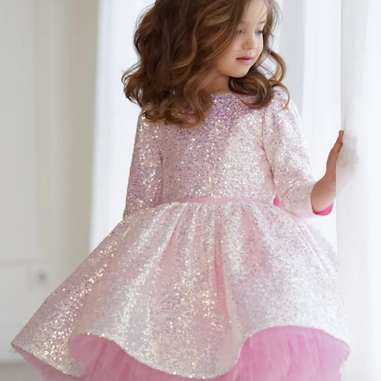 Kinderkleidung rosa Mädchen Prinzessin Kleid neuen Stil Mädchen Langarm Pailletten Geburtstag Weihnachten Kinder Kleid_voghion.com