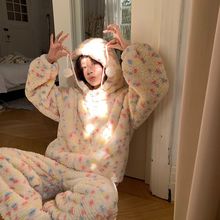 珊瑚绒睡衣女款秋冬季加绒加厚甜美彩色波点法兰绒连帽家居服套装