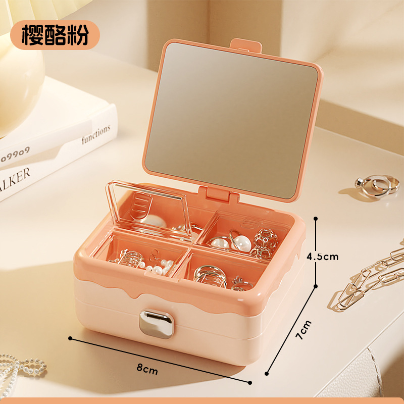 Caja de almacenamiento de joyas con espejo de maquillaje pernos de orejas anillo de almacenamiento portátil exquisita mini caja de joyas multicapa para el hogar