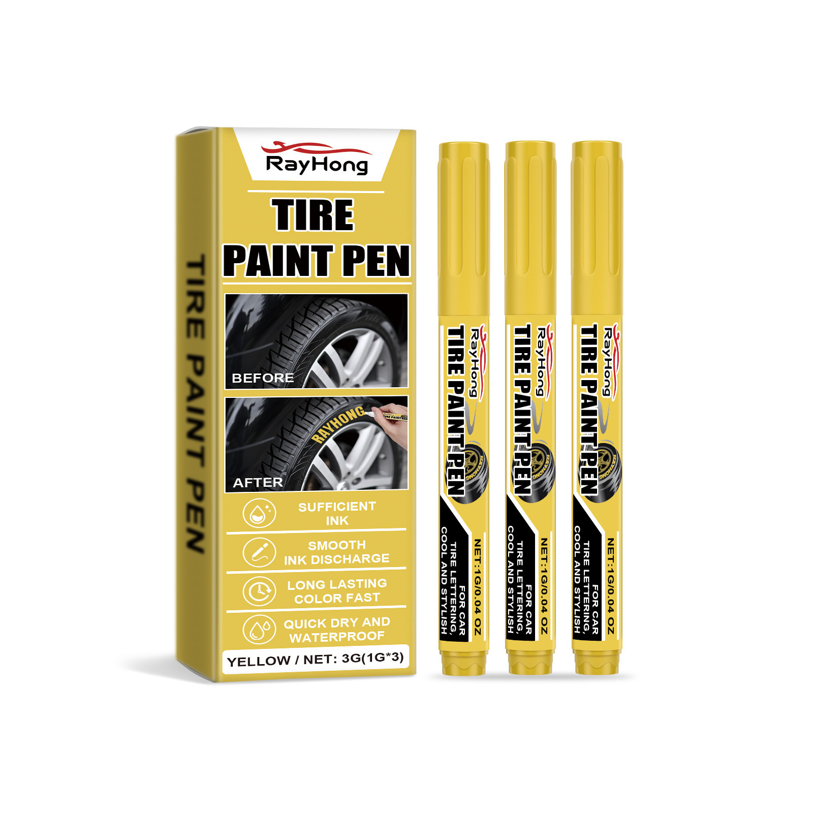 Κίτρινο στυλό βαφής ελαστικών αυτοκινήτου Art Painting για ελαστικά αυτοκινήτου Αδιάβροχο επίμονο στυλό λαδιού_voghion.com