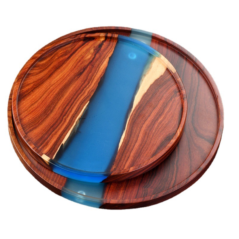 Luz creativa de lujo pequeña hoja sándalo rojo bandeja de té resina epoxi mesa de té vintage bandeja de madera maciza redonda rectangular japonesa burbuja seca