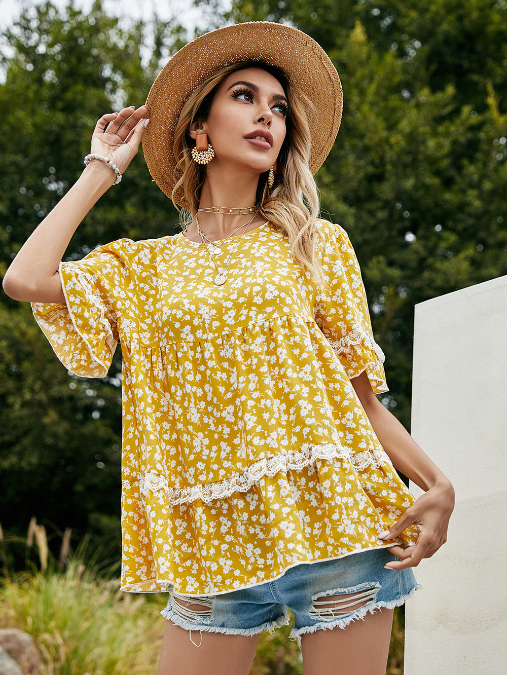 round neck loose casual floral blouse NSDF36053