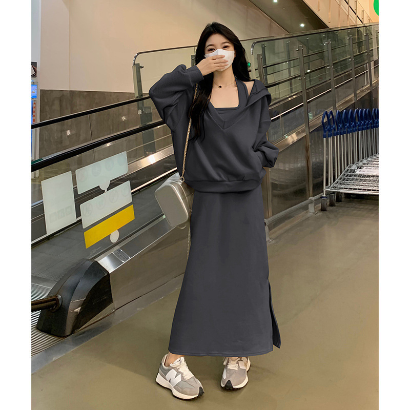 时尚洋气套装女春2025新款韩系休闲减龄卫衣外套挂脖背心裙两件套|undefined