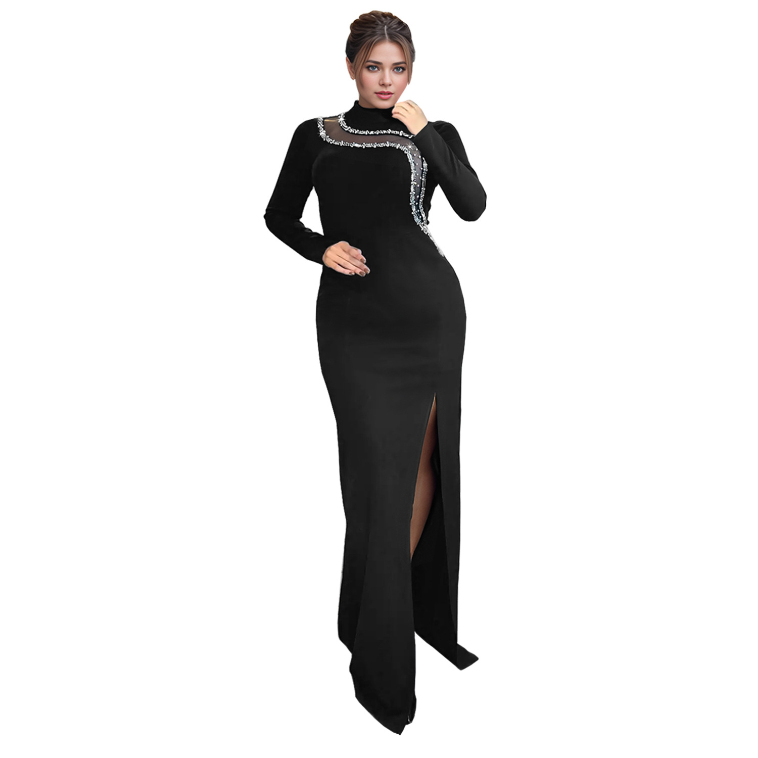 C7297 Cross-border AliExpress Amazon Moda europea y americana Vestido de manga larga con cadena de diamantes de corte delgado sexy para mujer