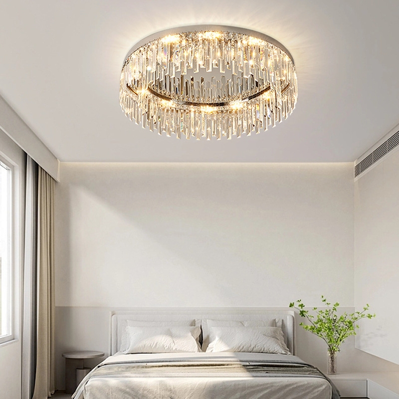 Light Luxury Ceiling Lamp for Living Room, Led Round Crystal Dining Room Chandelier, Rectangular Bedroom Lobby Large Lighting Fixture with Dimming Function