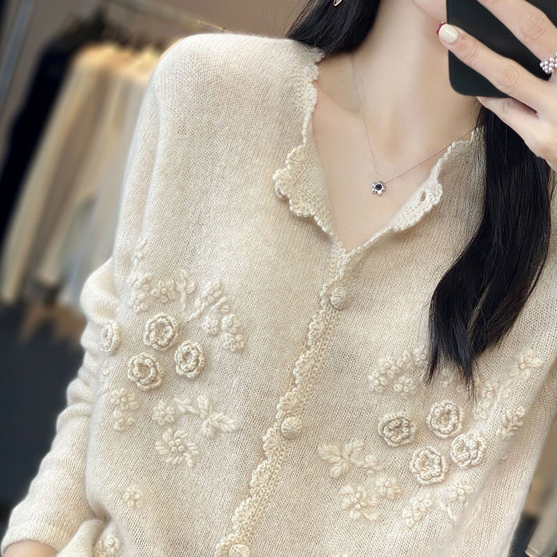 25 Spring and Autumn New Round Neck Wool Cardigan Women's Lace Crochet Loose Outer Sweater Cashmere Knitted Long Sleeve Jacket