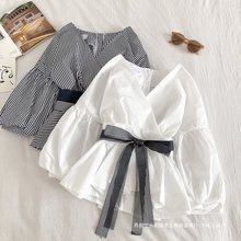 2025秋季新款韩版蝴蝶结系带条纹收腰百搭领后纽扣九分袖衬衫女