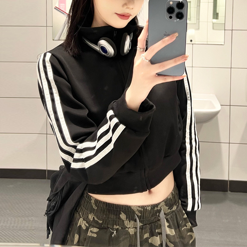 (2개) 한국식 동대문 아카데미 스타일 코트 3 바 컬러 매칭 하프 터틀넥 지퍼 긴팔 니트 카디건 여자 탑