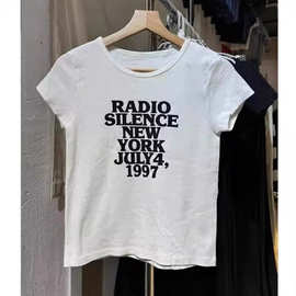 BM风美式黑色radio字母印花白色短袖T恤女修身百搭圆领正肩短上衣