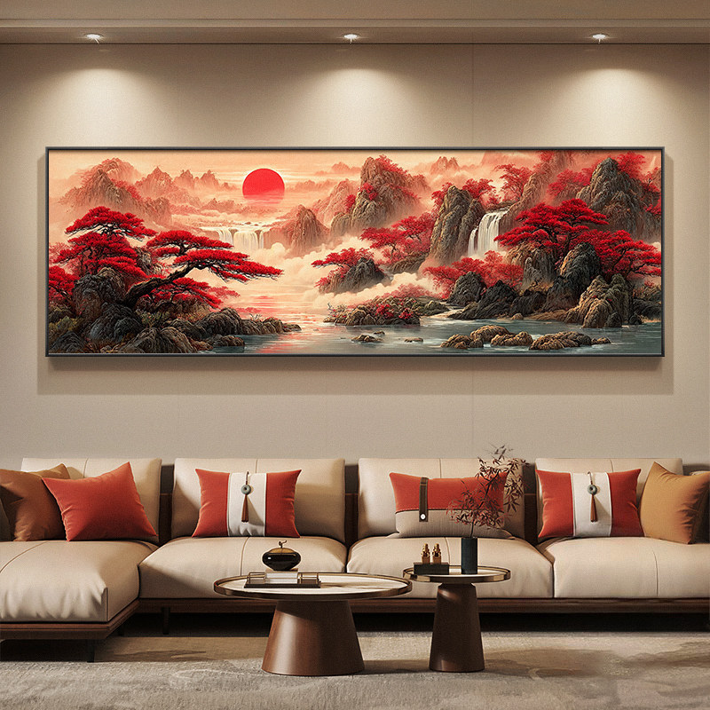 Good Fortune Comes: New Chinese-Style Landscape Painting for Living Room, Flowing Water Brings Wealth, Suitable for Tea Room, Office Wall Art, Minimalist Floral Design