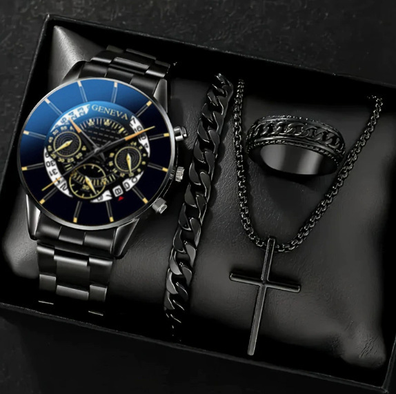 Cross-Border Popular Men's Bracelet Watch, Fashionable Stainless Steel Band Business Watch, Stylish Pointer Watch with Calendar, Quartz Watch