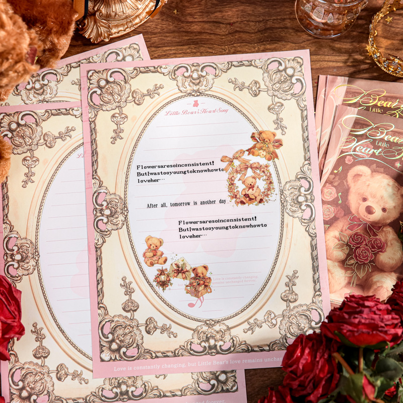 Carta de primera vida en papel Juego de sobres de papel Corazón de oso Serie de música Ilustración linda Mensaje de estudiante Envío de sobres de papel de carta