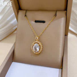 【钛钢】 缕空鹅蛋锆石轻奢气质华丽满钻项链女百搭锁骨链钛钢链