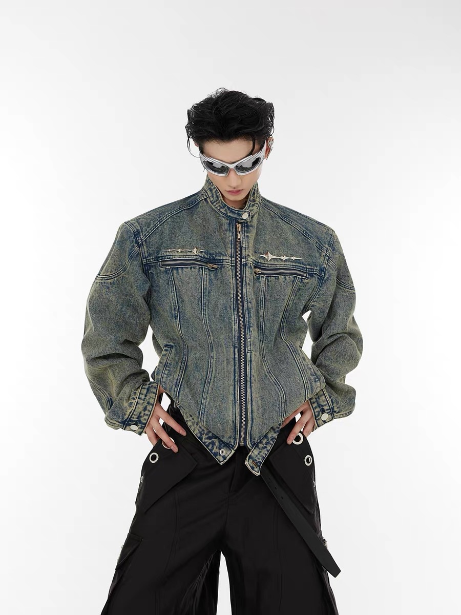 Chaqueta de mezclilla corta con hombreras americanas Chaqueta de mezclilla con cuello alto y cuello alto con sentido de alta gama para hombre
